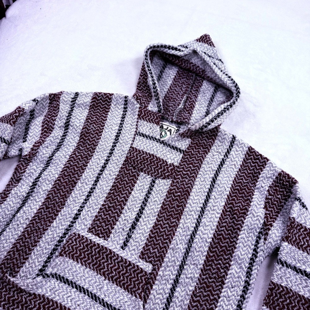 Baja Joe Striped Mexican Drug Rug Hoodie Burgundy Grey Mens Small